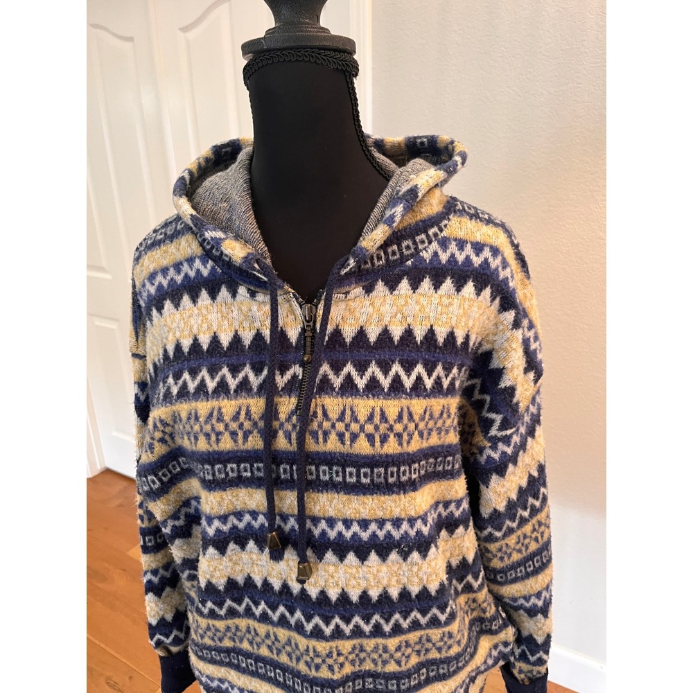 Sostanza Aztec Knit Hoodie Womens L Blue Yellow Excellent Vintage 90s Pullover